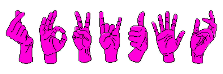 Fototapete - set of pixel art human hand gestures. retro game style neon pink icon. isolated vector illustration 