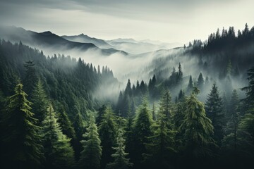 the tranquility of a fog-kissed fir forest, where mist wraps the trees in a soft embrace, crafting a