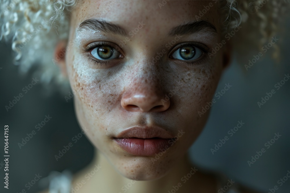 In this captivating portrait, the stunning albino African American woman exudes a unique beauty, celebrating diversity with her melanin-rich charm. Her individuality shines through