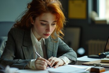 Wall Mural - A woman sitting at a desk, focused on writing on a piece of paper. Perfect for office, education, or creative writing concepts