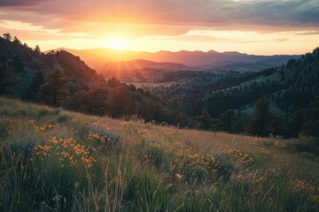 Poster - A breathtaking view of the sun setting over a picturesque mountain valley. Perfect for nature enthusiasts and landscape lovers
