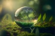 Earth crystal glass globe on green sunny background. Saving environment, save clean planet, ecology , Photoshoot, Dramatic, DSLR, Cinematic Lighting, Volumetric Lighting