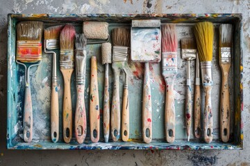 Poster - A wooden box filled with various paint brushes. Suitable for art and craft projects