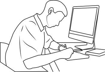 Leinwandbilder - continuous line drawing of professional young business man using digital mobile phone tablet computer working and writing work plan in personal notebook isolated on white background