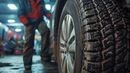 Poster - A man standing next to a tire in a garage. Suitable for automotive and maintenance themes