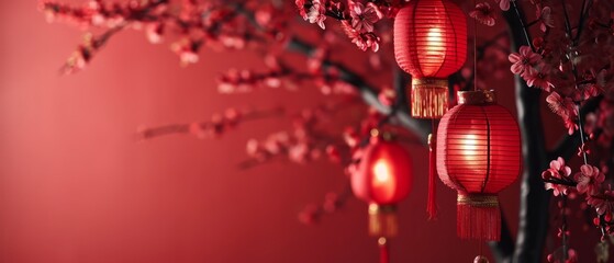 Wall Mural - Sakura cherry blossom and red paper lantern with copy space, Chinese New Year Concept. Generative AI