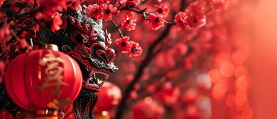 Wall Mural - Sakura cherry blossom, dragon and red paper lantern with copy space, Chinese New Year Concept. Generative AI