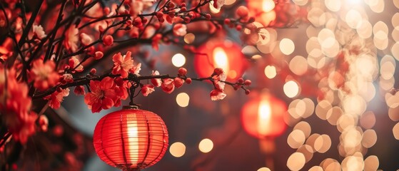 Wall Mural - Sakura cherry blossom and red paper lantern with copy space, Chinese New Year Concept. Generative AI