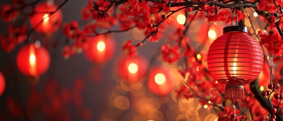 Wall Mural - Sakura cherry blossom and red paper lantern with copy space, Chinese New Year Concept. Generative AI
