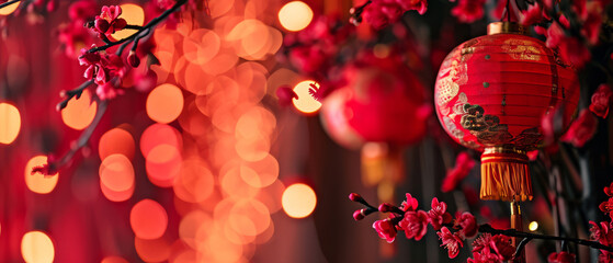 Wall Mural - Sakura cherry blossom and red paper lantern with copy space, Chinese New Year Concept. Generative AI