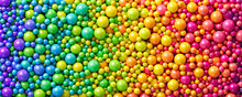 Many Rainbow Glossy Gradient Random Bright Balls Background. Colorful Balls Background For Kids Zone Or Children's Playroom. Huge Pile Of Shiny Colorful Balls In Different Sizes. Vector Illustration