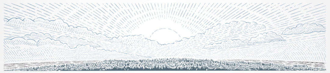 Wall Mural - Rural landscape with dawn sun and hills, drawn in graphical style and  monochrome colors. Vector illustration.