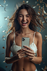 Canvas Print - Smiling athletic woman winning a mobile phone. Generative AI.