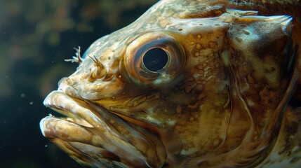Poster - A detailed view of a fish's face submerged in water. Perfect for aquatic-themed designs or educational materials about marine life