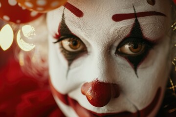Poster - Close up of a clown's face with colorful lights in the background. Perfect for circus-themed designs or Halloween projects