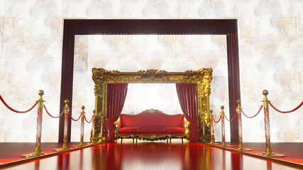 Wall Mural - red carpet with gold barriers leading to golden royal armchair with gold frame, 3D render