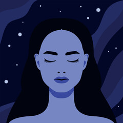 Beautiful woman with closed eyes on night sky background with stars. Vector illustration