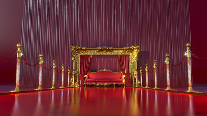 Wall Mural - red carpet with gold barriers leading to golden royal armchair with gold frame, 3D render