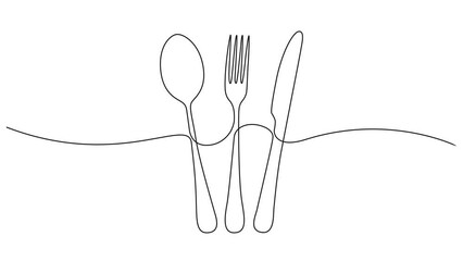 Sticker - animated continuous single line drawing of cutlery, fork, knife and spoon, line art animation