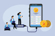 Young people with Digital Wallet technology for cryptocurrency 2d flat vector illustration