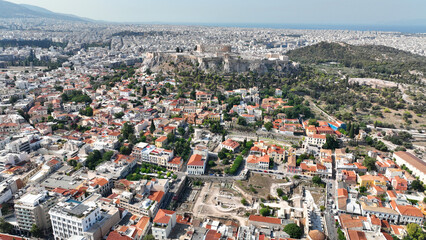 Aerial drone photo of iconic and picturesque Plaka and Monastiraki districts - Roman forum, Athens historic centre, Attica, Greece