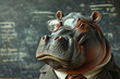An important and confident hippopotamus of a teacher in a jacket stands in the lecture hall in front of the blackboard.