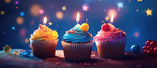 Canvas Print - Tasty cupcakes with candles and presents. Celebration.