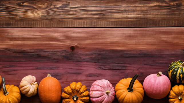 A group of pumpkins on a vivid maroon color wood boards