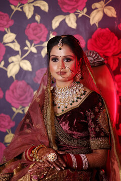Portrait of beautiful indian bride wearing jewellery and nath