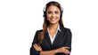 Portrait of a happy call center woman arms crossed isolated on a transparent background for consulting. Smile, customer support or service career with a young employee on PNG for telemarketing