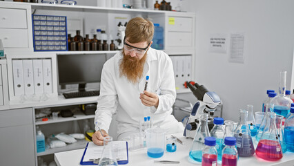 Wall Mural - Handsome young redhead man working in laboratory, serious scientist with beard taking notes and analyzing test tube in research center