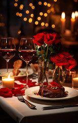 Wall Mural - Romantic dinner setting in the beautiful restaurant atmosphere with flowers and silverware, candles and red roses on table with blurred lights on the background