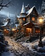 Winter fairy tale castle in the forest at night. 3d rendering