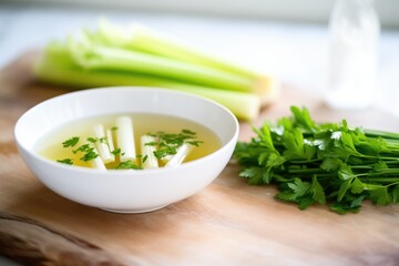 sliced celery and herbs beside bowl ready for serving