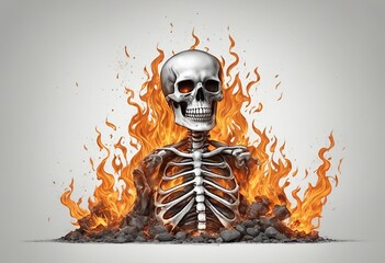 Wall Mural - Image of a Skeleton burning in fire.