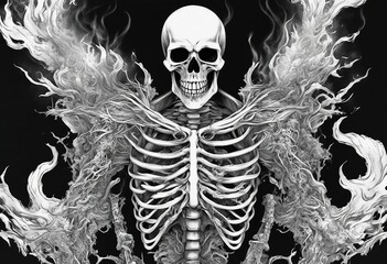 Wall Mural - Image of a Skeleton burning in fire.