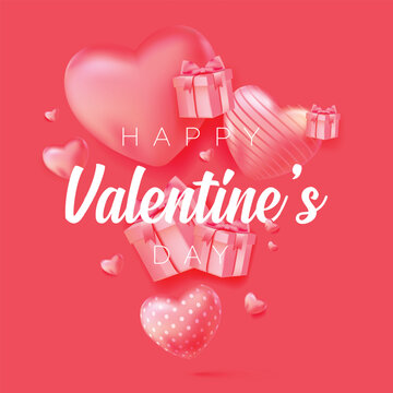 Happy Valentine's Day with calligraphy text. Horizontal banner for the website. Romantic background with realistic design elements, gift box, metal hearts, balloons in the shape of heart, strewn.