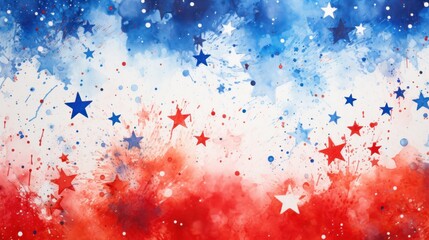Wall Mural - Watercolor splashes in red and blue colors with stars. USA national holiday concept background.