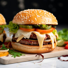 Wall Mural - Double hamburger isolated on white background Fresh burger fast food with beef and cream cheese