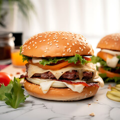 Wall Mural - Double hamburger isolated on white background Fresh burger fast food with beef and cream cheese