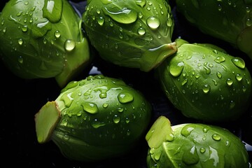 Fresh Brussels sprout vegetables, with water drops over it, closeup macro detail.