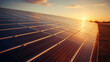 Solar panels in farm with sunset light, green energy, alternative energy
