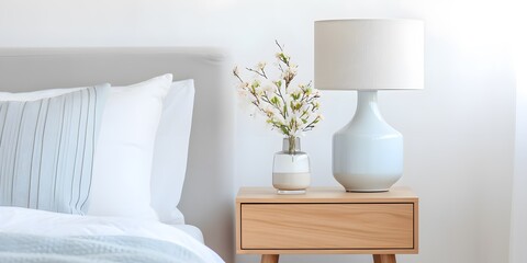 Sticker - Lamp and flowers on the nightstand in the bedroom. Home interior in Scandinavian style.