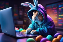 The Easter Bunny Is A Programmer. The Easter Bunny Is Working At The Computer. The Hacker Rabbit