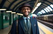 Cheerful businessman poses in train station, commuter lifestyle photo