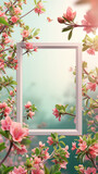 Fototapeta Kwiaty - Light pink frame on blurred green background with pink flowers and leaves foreground and background. 3d illustration.