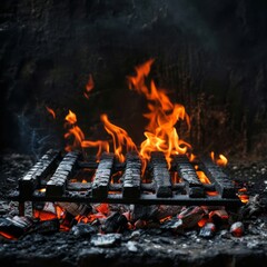 Wall Mural - Hot BBQ grill with flaming fire and charcoal For a background image of grilling food.