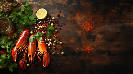 Wall Mural - Boiled lobster with vegetables on a black stone plate. Seafood. Free space for your text.