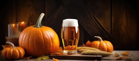 Wall Mural - Autumn-themed pumpkin beer, glass of craft beer on wooden table, knitted pumpkins, space to write.