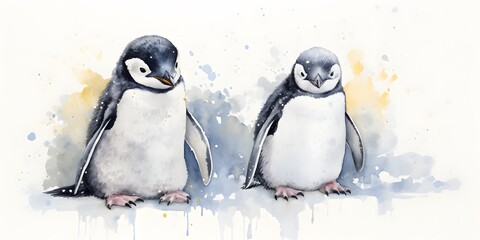 Watercolor illustration of two penguins on white background.